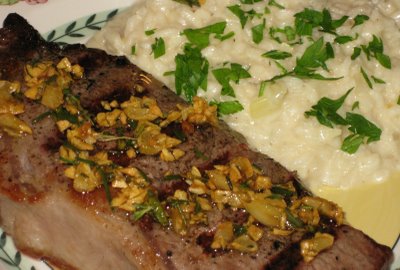 Rosmarino e' Aglio Bistecca con Risotto Quattro Formaggi (Rosemary and Garlic Steak with Four Cheese Risotto)