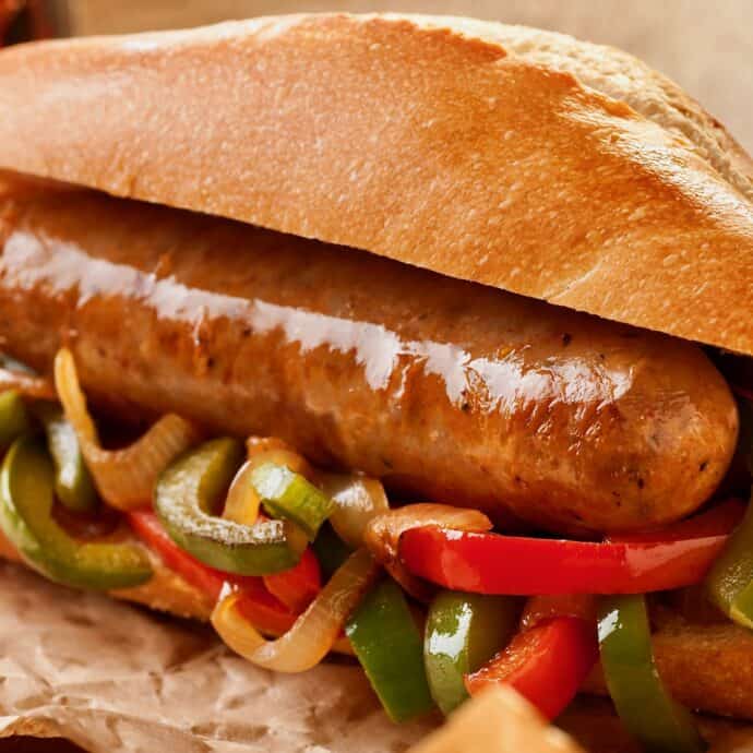 Italian Sausage, Peppers and Mushrooms on Toasted Garlic Buns La