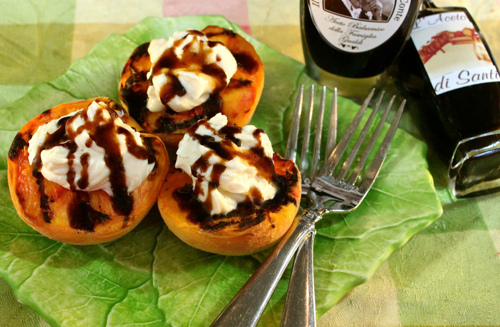 Grilled Peaches with Crumbled Amaretti Cookies and Sweet Balsamic Glaze  