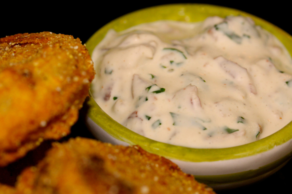 fried green tomatoes with bacon, garlic and buttermilk sauce