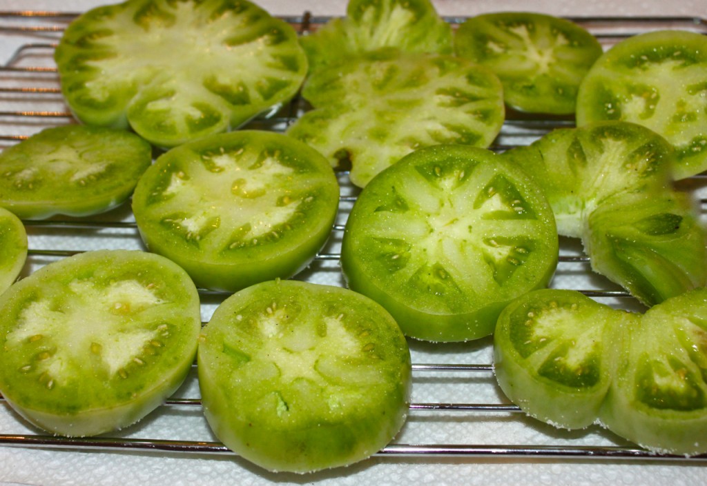 fried green tomatoes with garlic, bacon and buttermilk sauce