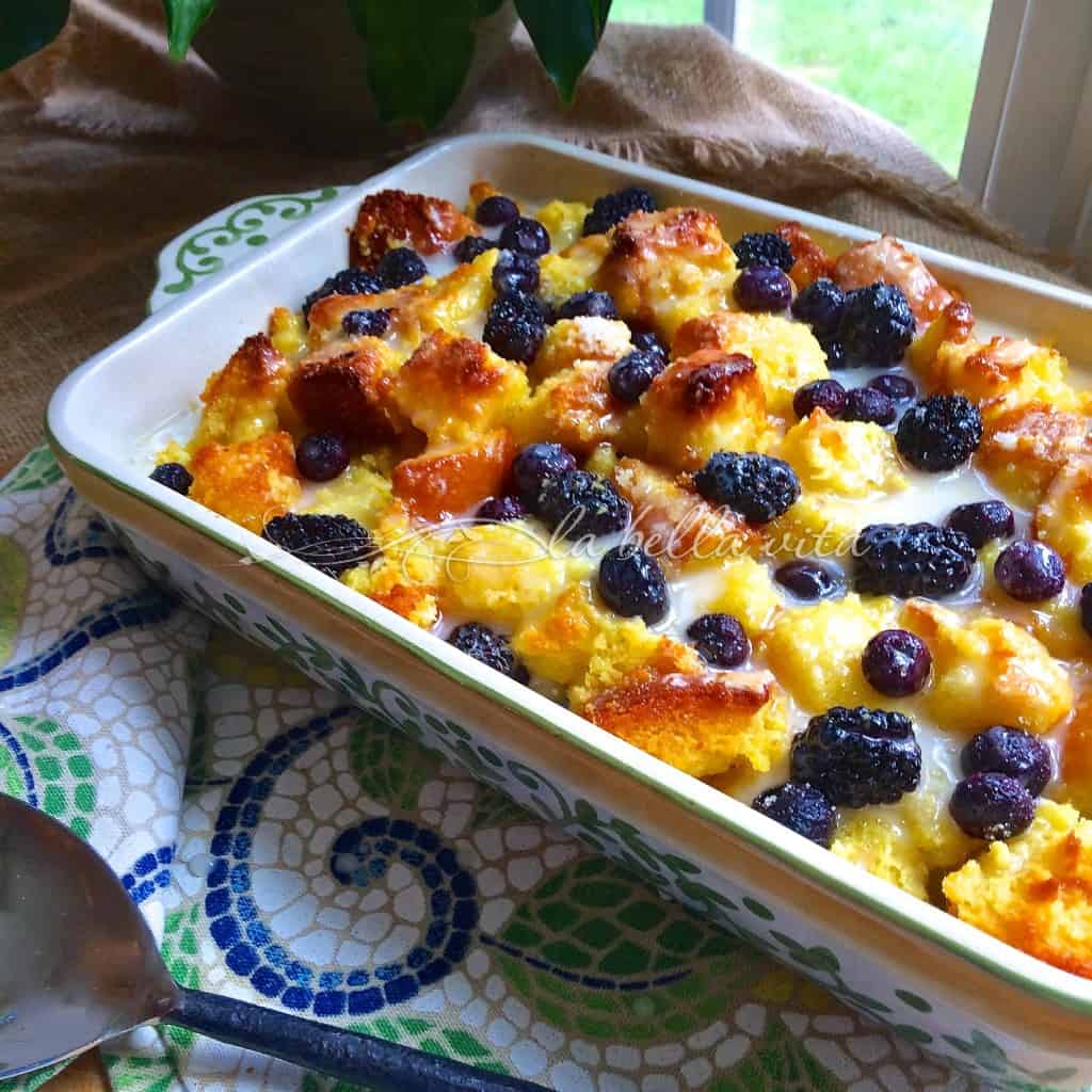 Blackberry and Blueberry Bread Pudding with Limoncello Glaze