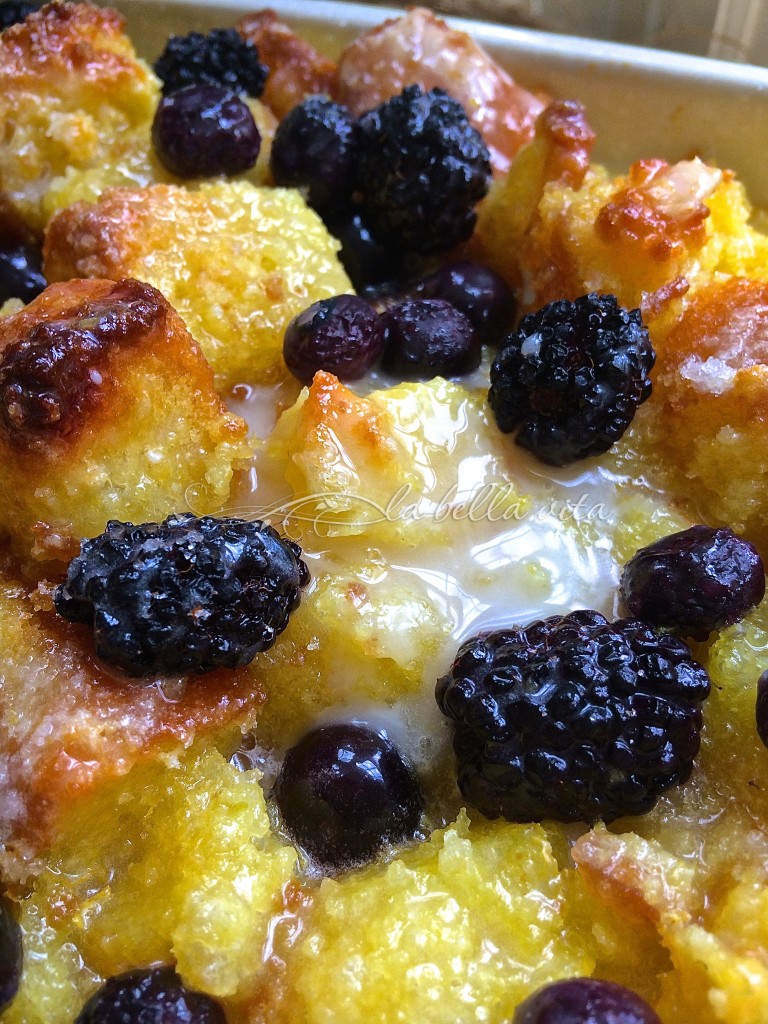 blackberry and blueberry bread pudding with limoncello glaze