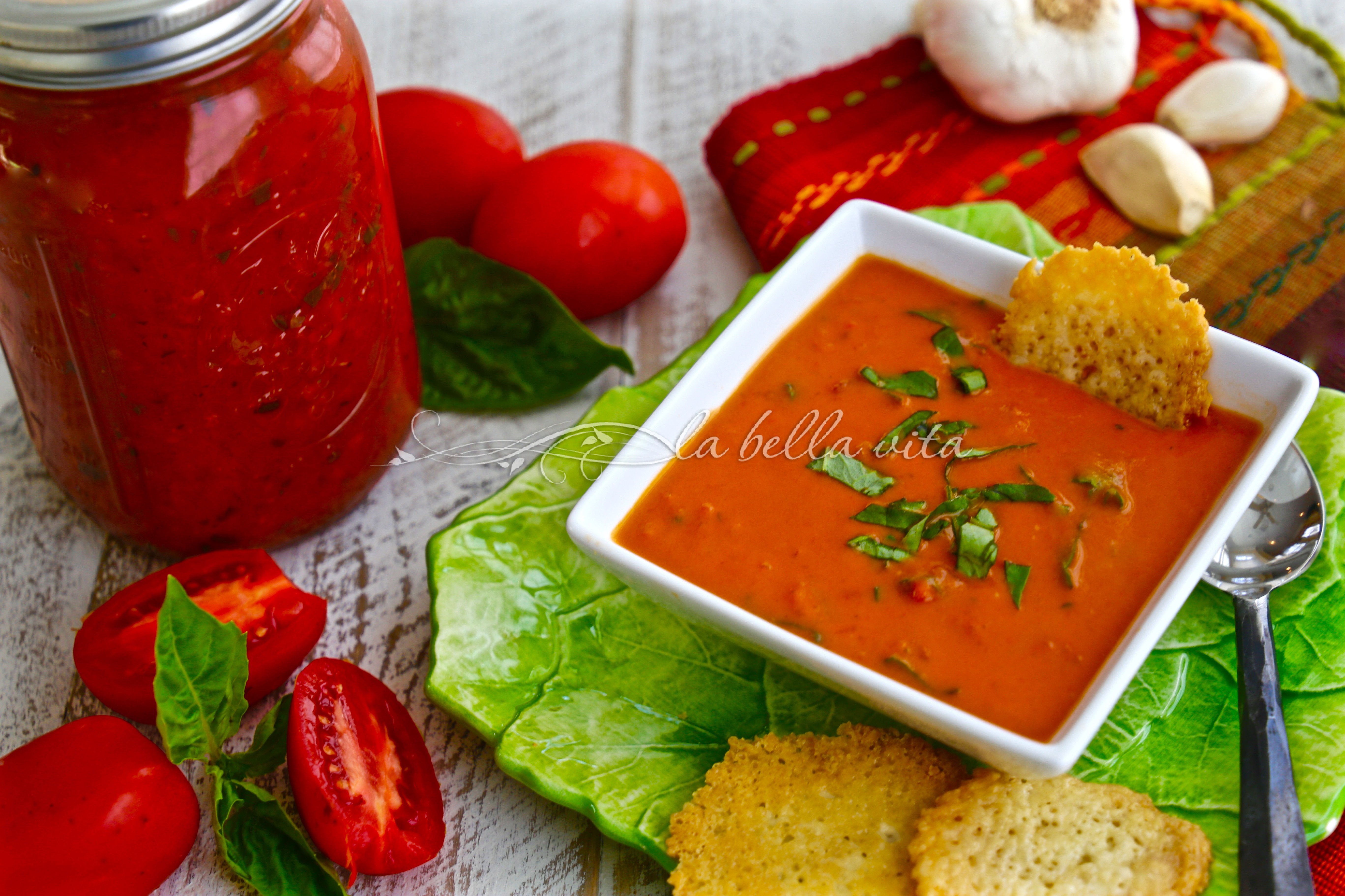 Roasted Tomato Bisque with Parmesan Crisps