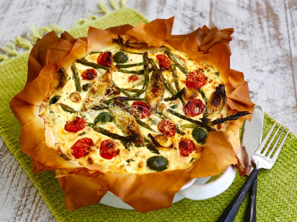 Italian Cheesy Artichoke and Asparagus Phyllo Pie