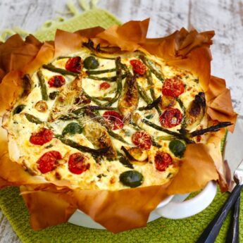 Italian Cheesy Artichoke and Asparagus Phyllo Pie #SundaySupper
