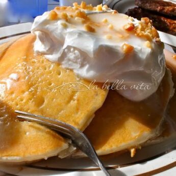 Banana Macadamia Nut Pancakes with Coconut Syrup