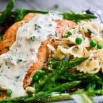 Salmon, Peas, Asparagus and Pasta in Lemon Caper Cream Sauce