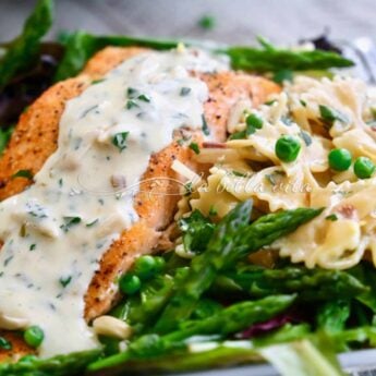 Salmon, Peas, Asparagus and Pasta in Lemon Caper Cream Sauce