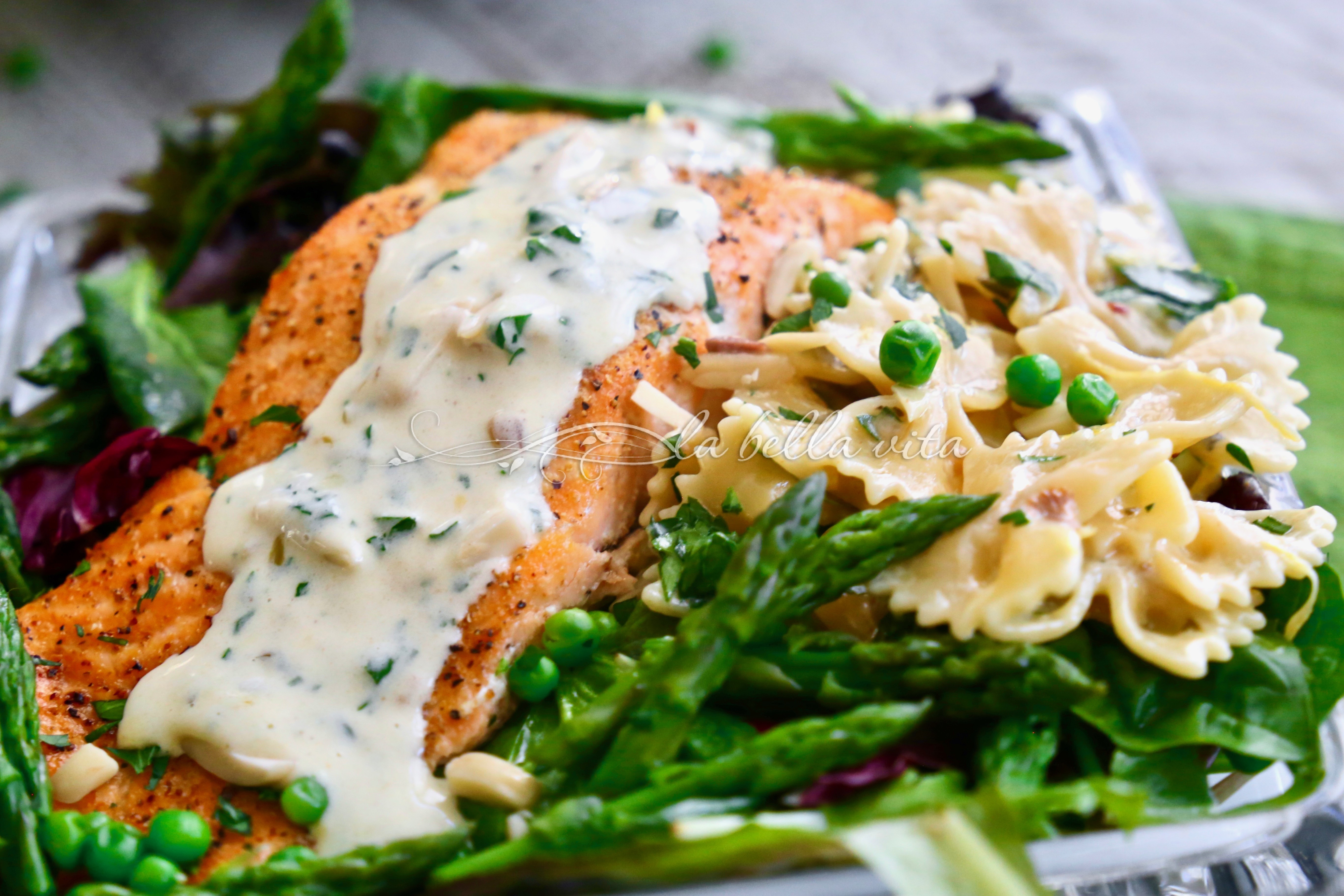 Salmon, Peas and Asparagus with Pasta in Lemon Cream Sauce