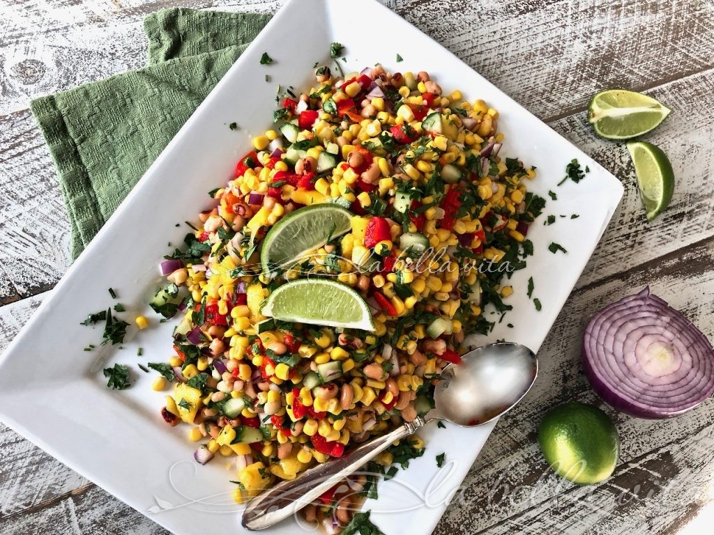 An AMAZING Corn and Black-Eyed Pea with Salsa Salad . . . Perfect For Cinco de Mayo and any party! | La Bella Vita Cucina