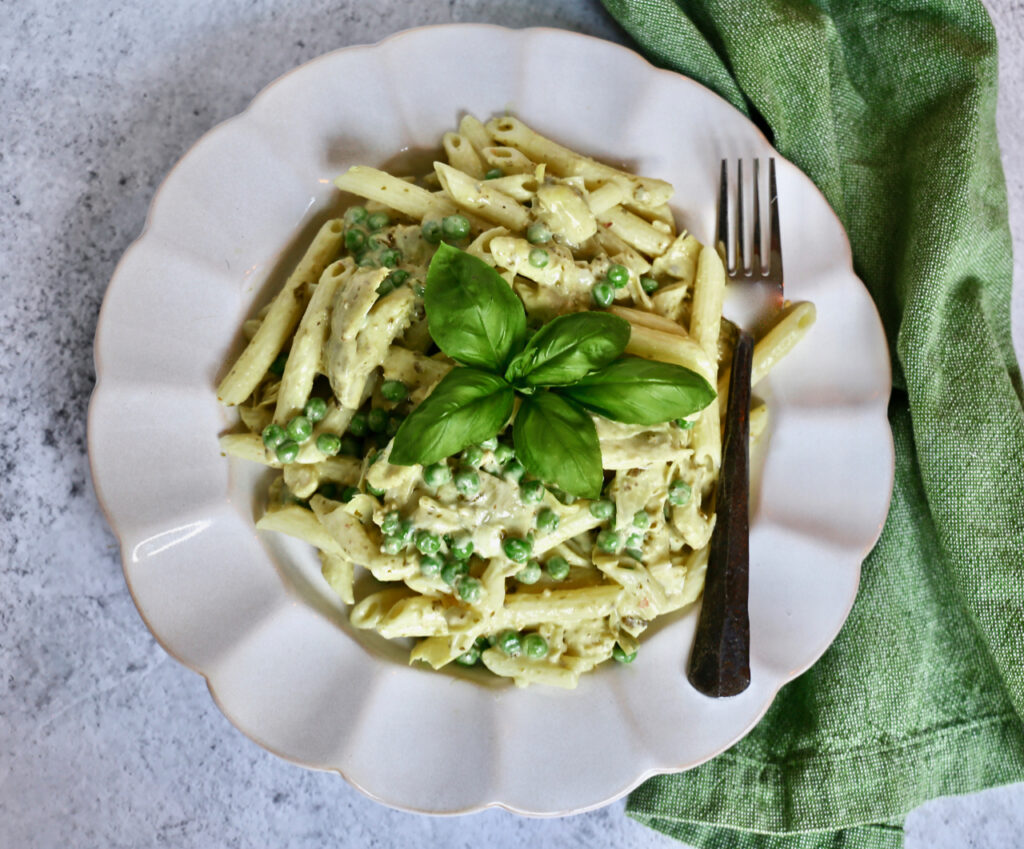 Creamy Artichoke, Pea, and Pesto Pasta Salad