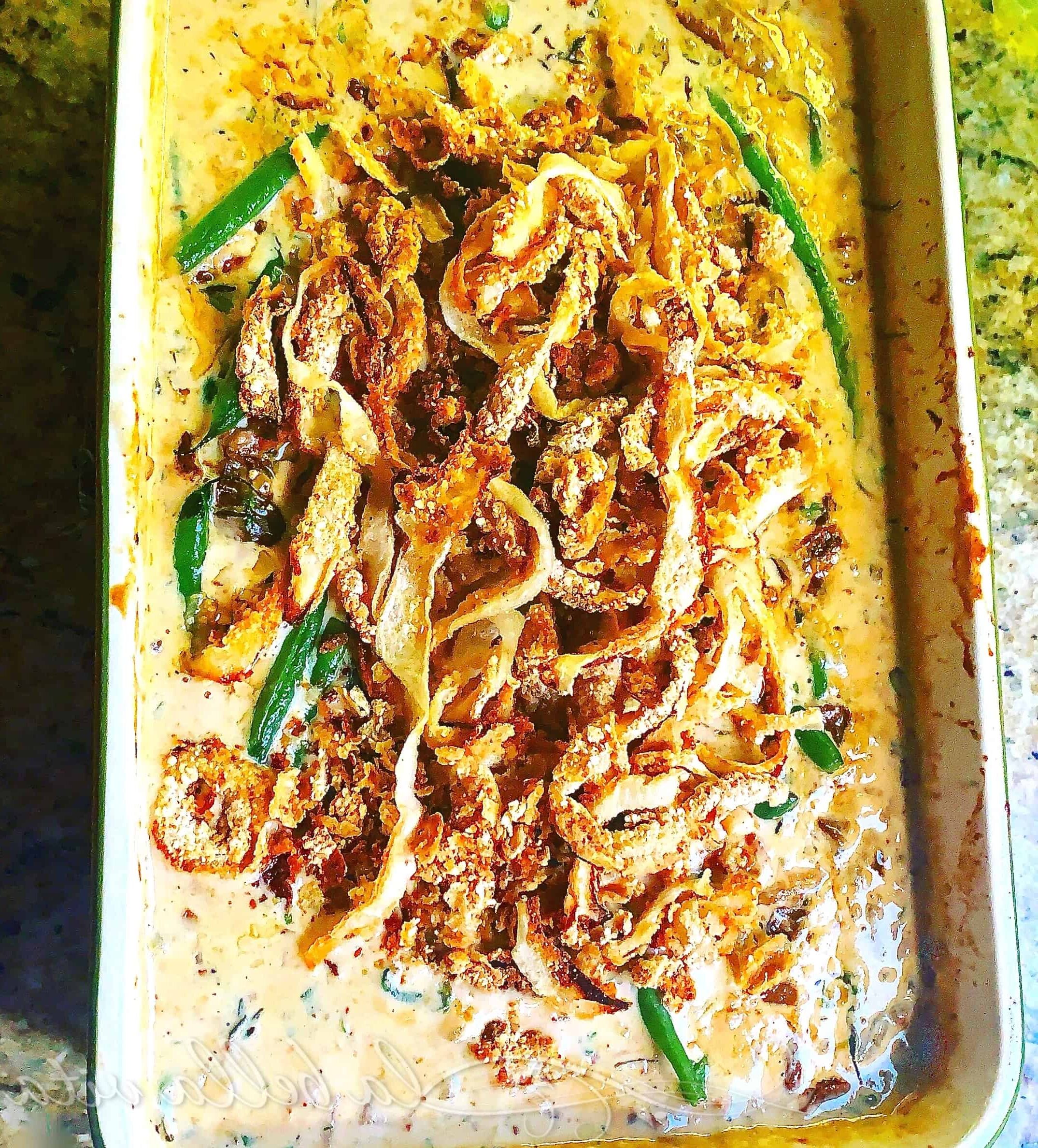 green bean casserole with porcini, parmesan, and pancetta