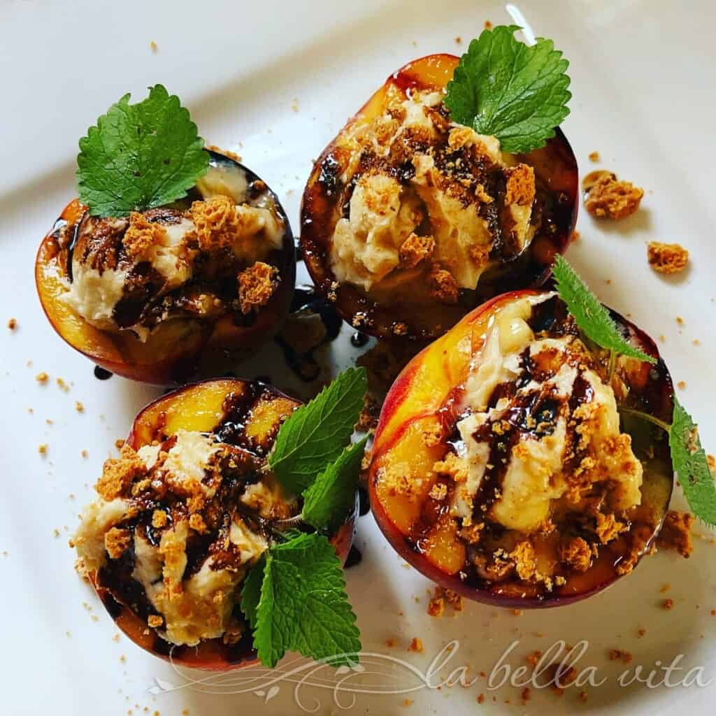 Grilled Peaches with Crumbled Amaretti Cookies and Sweet Balsamic Glaze