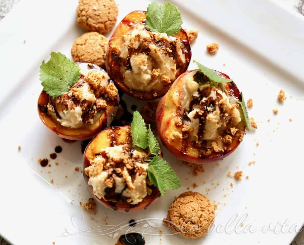 Grilled Peaches with Crumbled Amaretti Cookies and Sweet Balsamic Glaze  