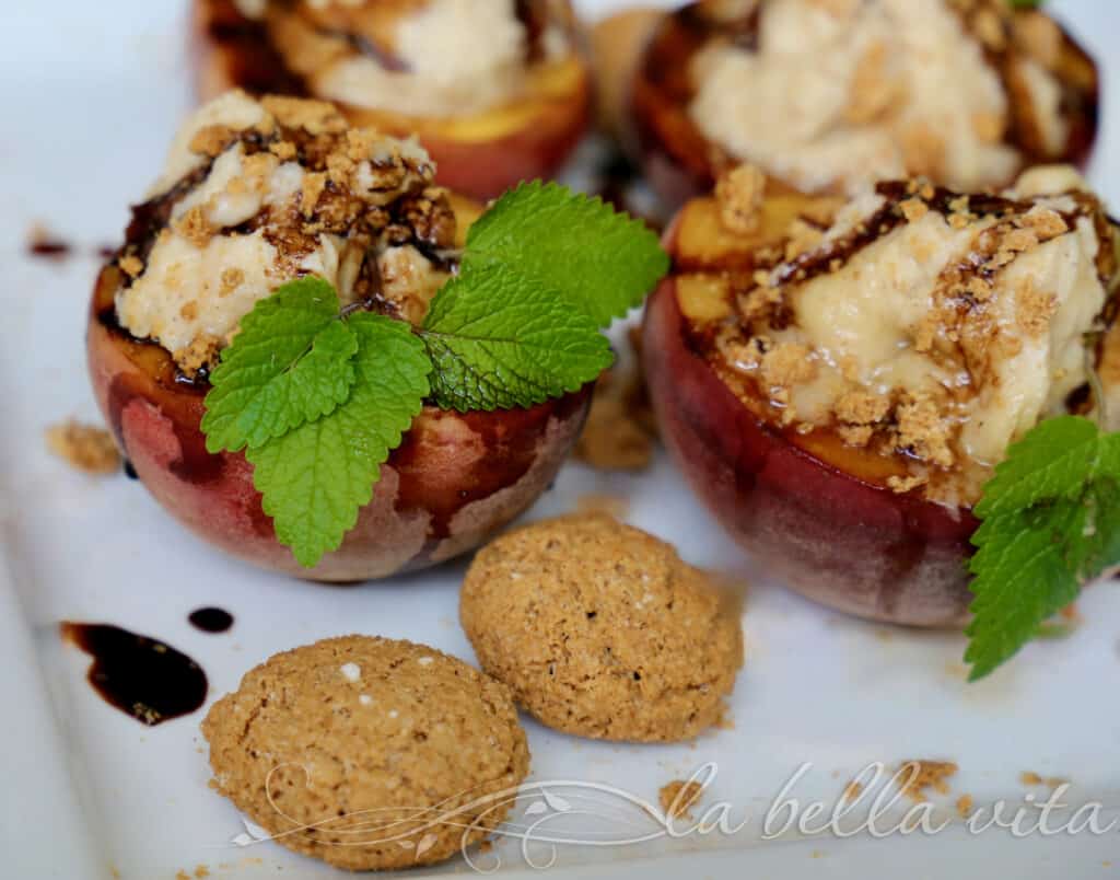 Grilled Peaches with Crumbled Amaretti Cookies and Sweet Balsamic Glaze  