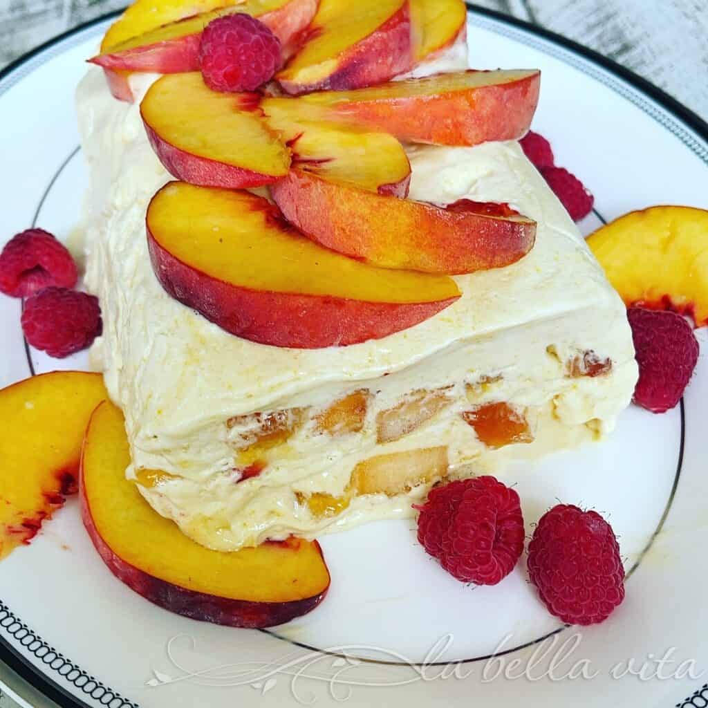 Peach Semifreddo with Raspberries and Honey Drizzle