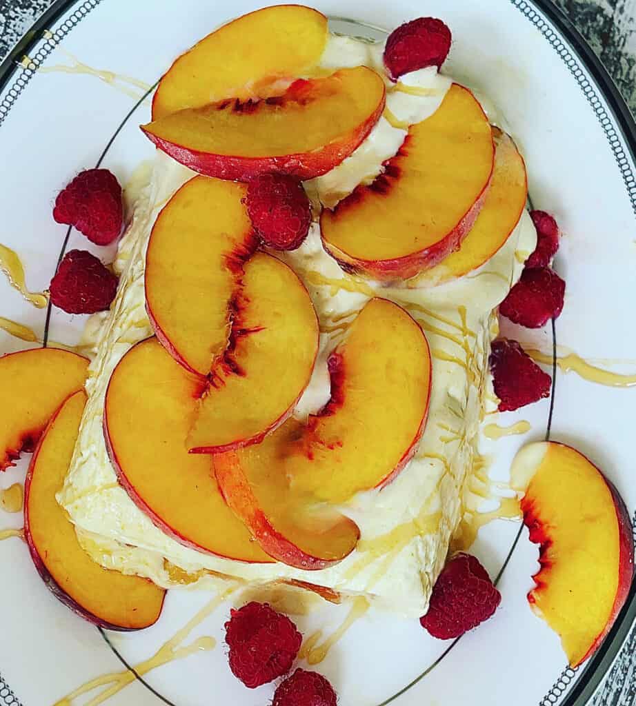 Peach Semifreddo with Raspberries and Honey Drizzle