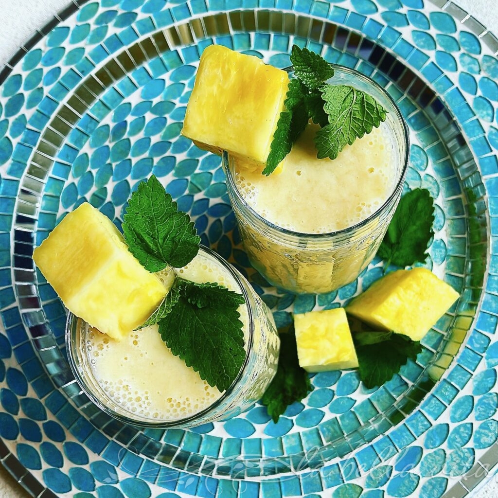 Tropical Pineapple, Coconut, Banana Smoothie with Rambutan