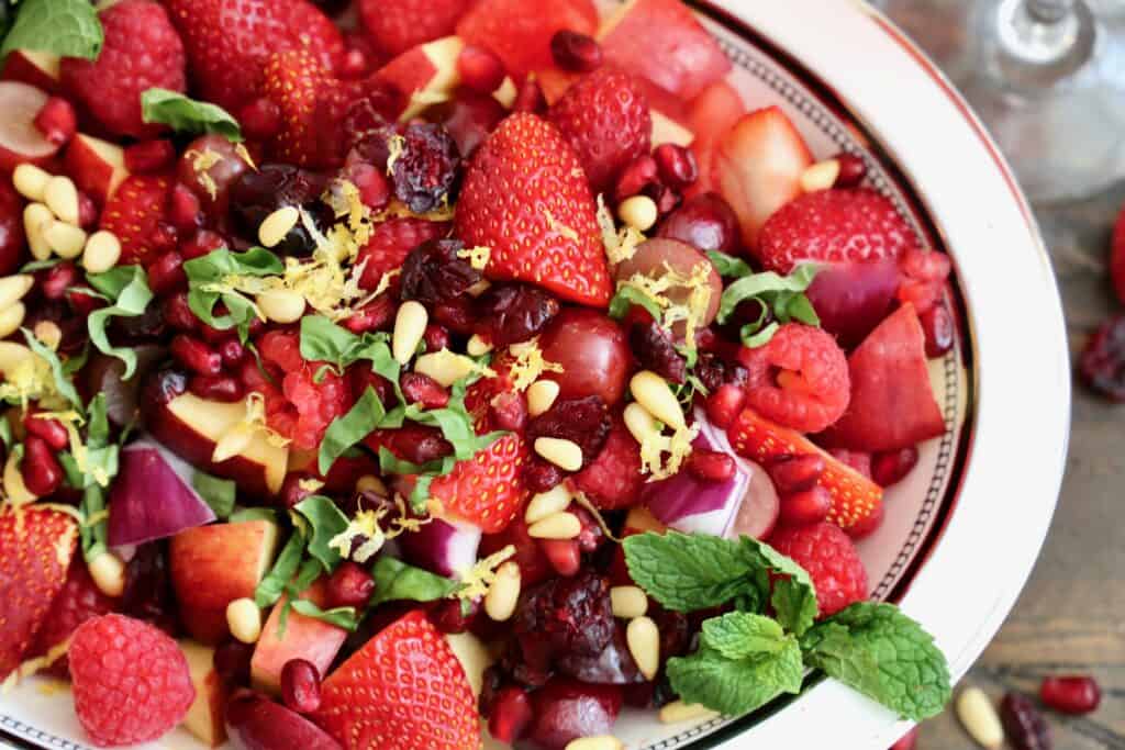 Christmas Red Fruit Salad with Lemon Cream Sauce