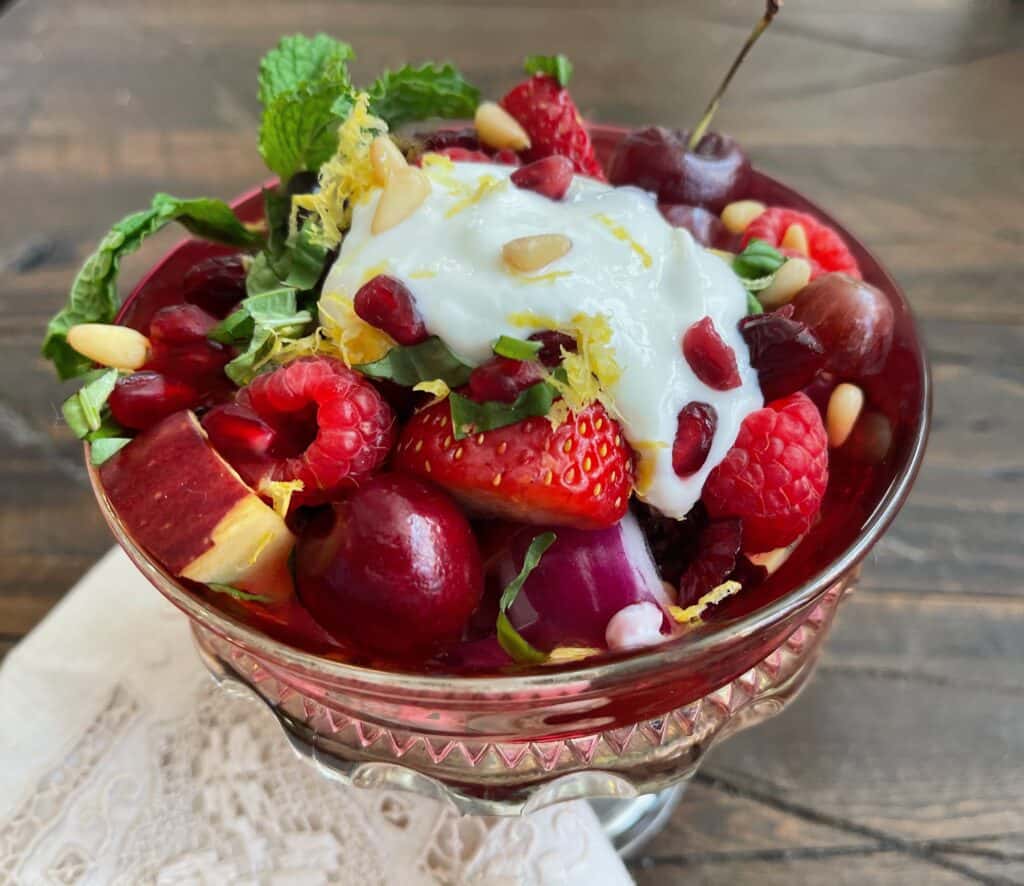 Christmas Red Fruit Salad with Lemon Cream Sauce