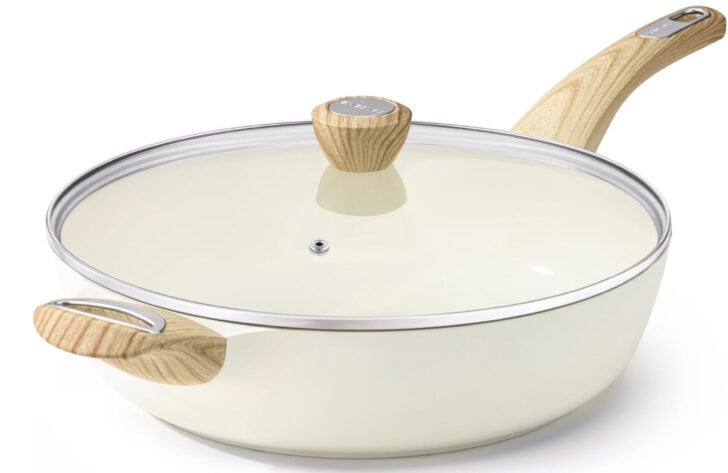 Screenshot 2026-08-17 at 95218 AM | La Bella Vita Cucina White enamel pot with wood handles and a glass lid, close-up view.